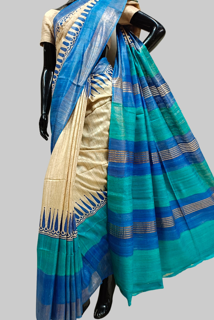Off-White & Blue Printed Ghicha Tussar Silk Saree Balaram Saha