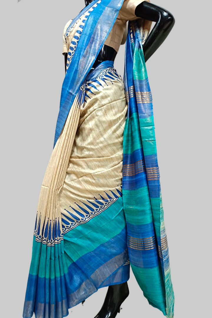 Off-White & Blue Printed Ghicha Tussar Silk Saree Balaram Saha