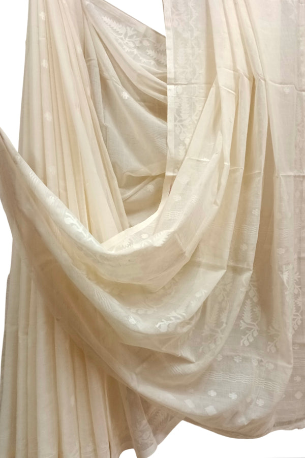 Off-white Soft Handloom  Handwoven Cotton Jamdani Saree Balaram Saha