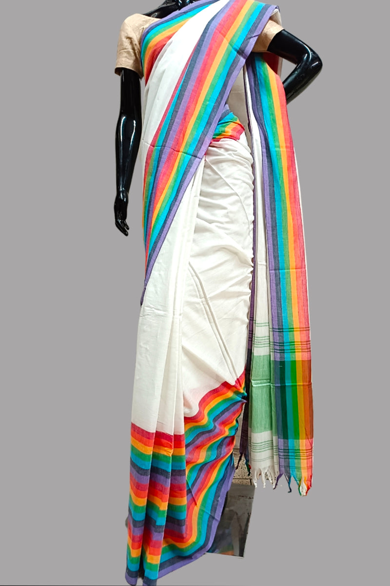 Whit & Multicolor Handloom Dhonekali Soft Cotton Saree Balaram Saha