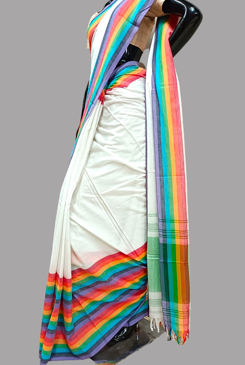 Whit & Multicolor Handloom Dhonekali Soft Cotton Saree Balaram Saha