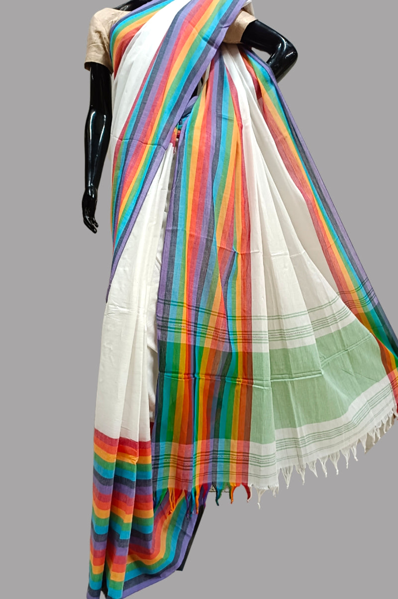 Whit & Multicolor Handloom Dhonekali Soft Cotton Saree Balaram Saha