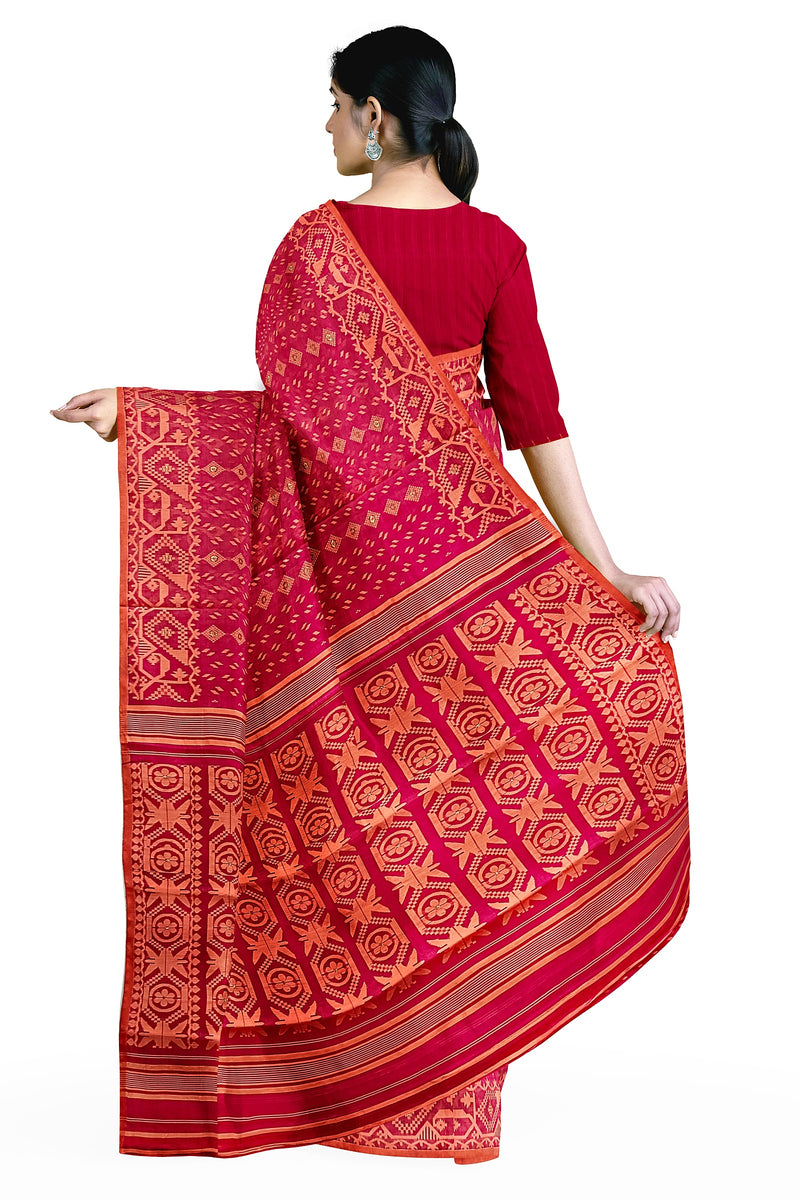 Pinkish Red and orange,  silk by cotton handloom Jacquard Jamdani Saree Balaram Saha