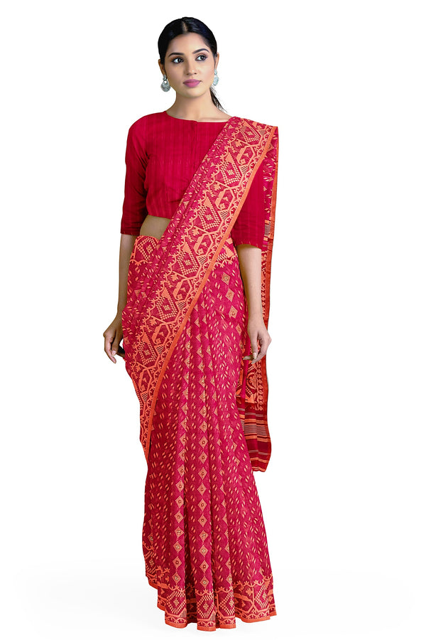 Pinkish Red and orange,  silk by cotton handloom Jacquard Jamdani Saree Balaram Saha