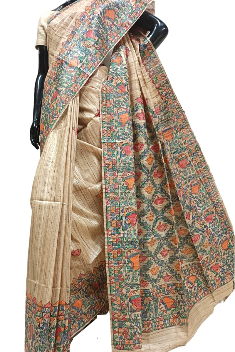 Beige Handloom  Ghicha Tussar Silk  Saree With Madhubani Print Balaram Saha
