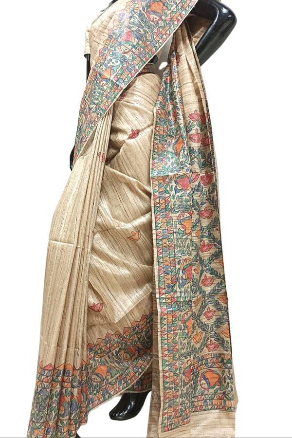 Beige Handloom  Ghicha Tussar Silk  Saree With Madhubani Print Balaram Saha
