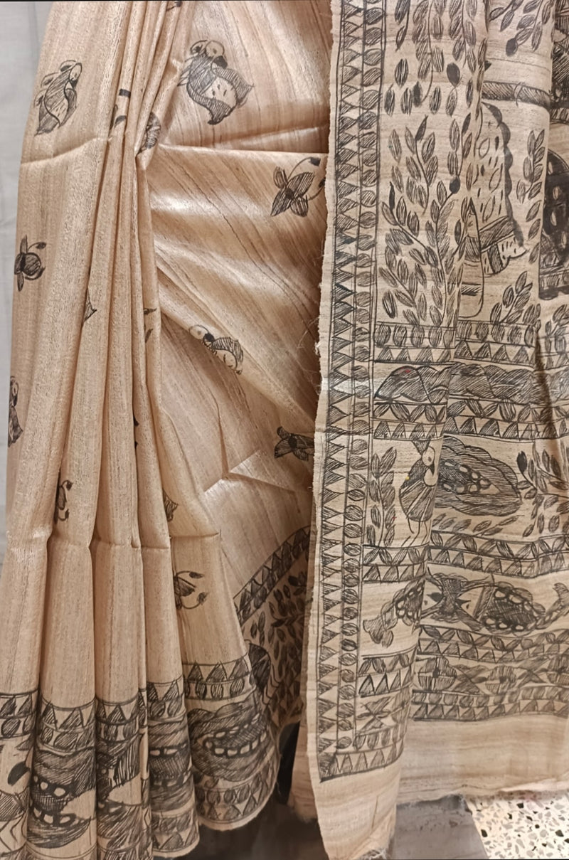 Beige & Black Handloom  Ghicha Tussar Silk  Saree With Madhubani Print Balaram Saha