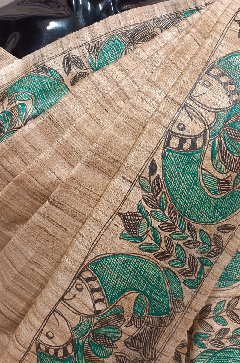 Handloom  Ghicha Tussar Silk  Saree With Madhubani Print  (Sea Green-Black) Balaram Saha