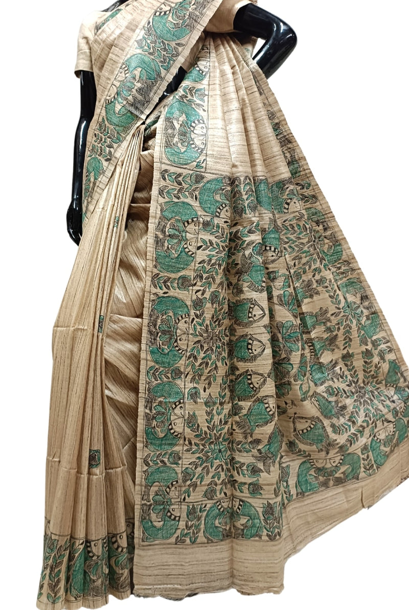Handloom  Ghicha Tussar Silk  Saree With Madhubani Print  (Sea Green-Black) Balaram Saha