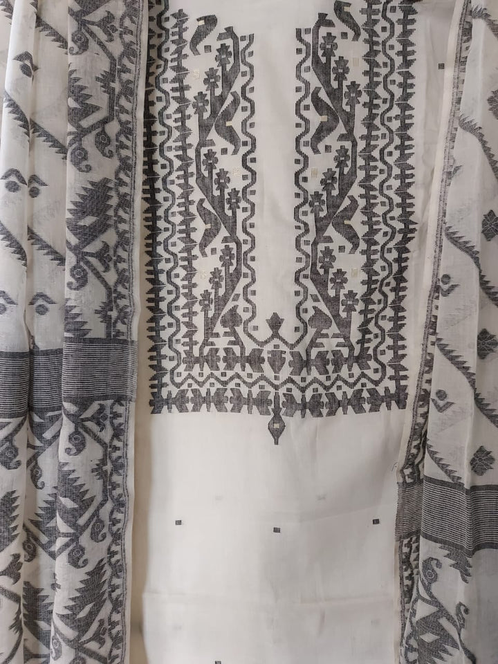 Pure Cotton Dhakai 2 Piece Set White & Black Unstitched Suit by Balaram Saha