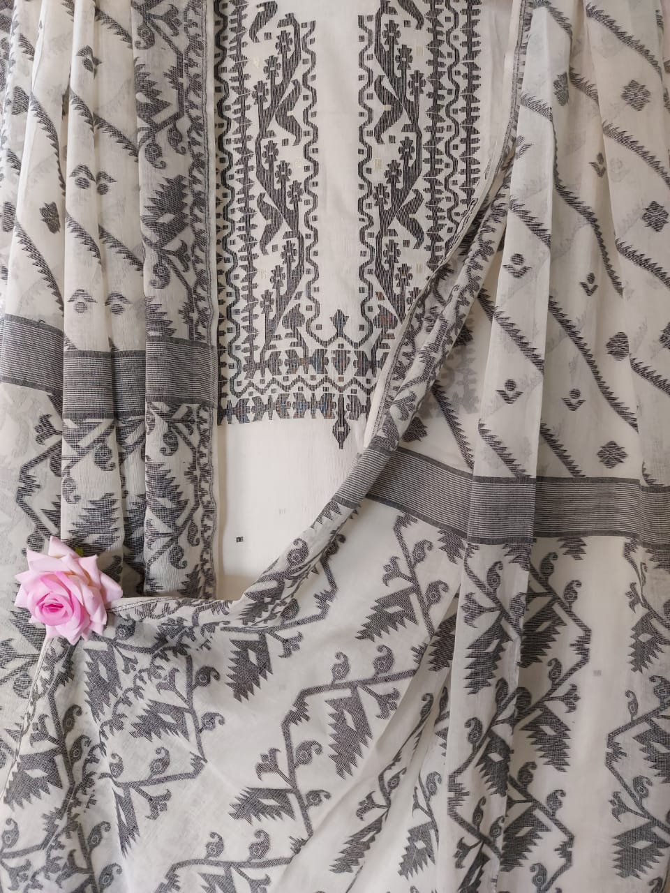 Balaram Saha Elegant Soft Cotton Dhakai 2 Piece Set in Classic White & Black
