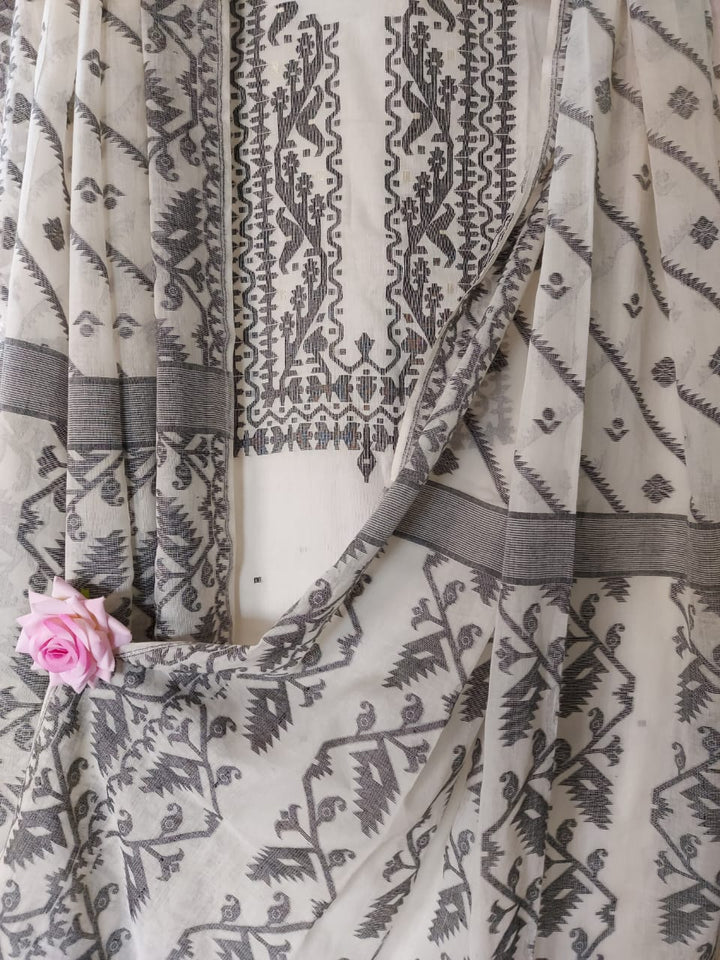 Balaram Saha Elegant Soft Cotton Dhakai 2 Piece Set in Classic White & Black