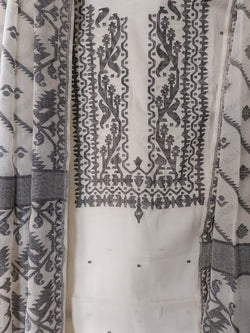 Pure Cotton Dhakai 2 Piece Set White & Black Unstitched Suit by Balaram Saha