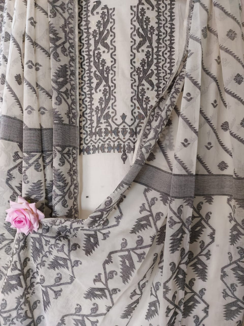 Balaram Saha Elegant Soft Cotton Dhakai 2 Piece Set in Classic White & Black