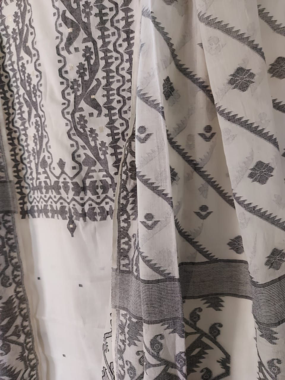 Soft Cotton Unstitched White & Black Dhakai 2 Piece Set Balaram Saha