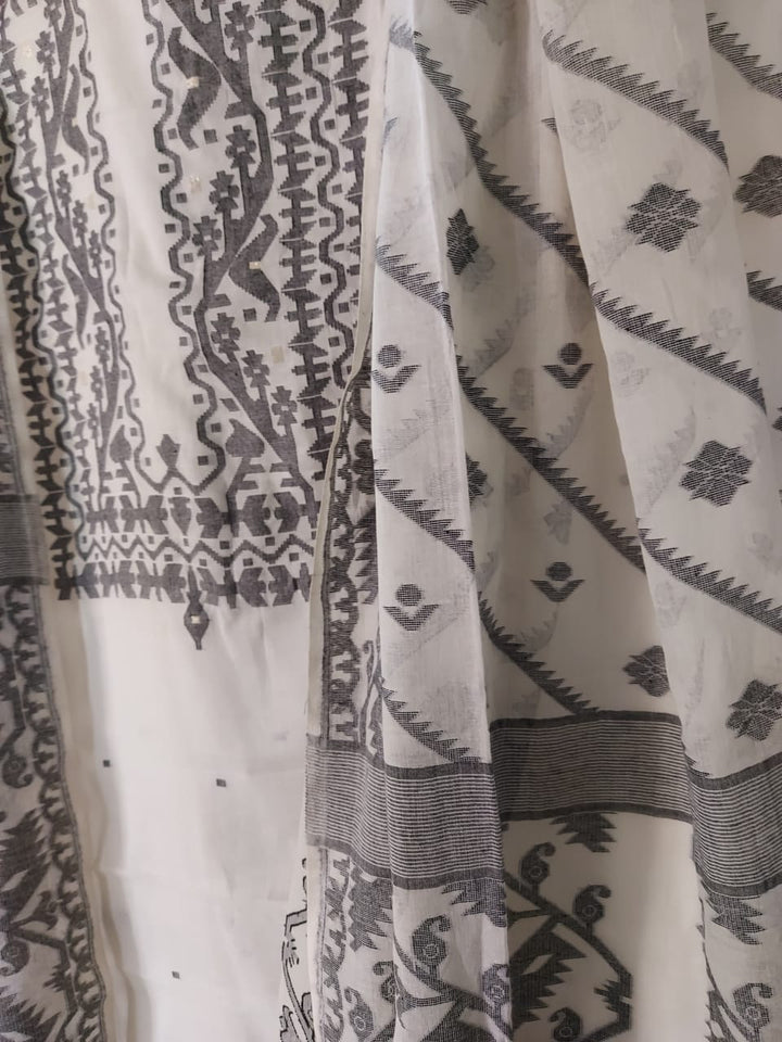 Soft Cotton Unstitched White & Black Dhakai 2 Piece Set Balaram Saha