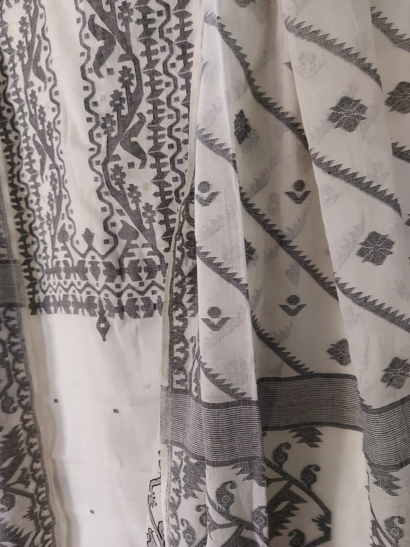Soft Cotton Unstitched White & Black Dhakai 2 Piece Set Balaram Saha
