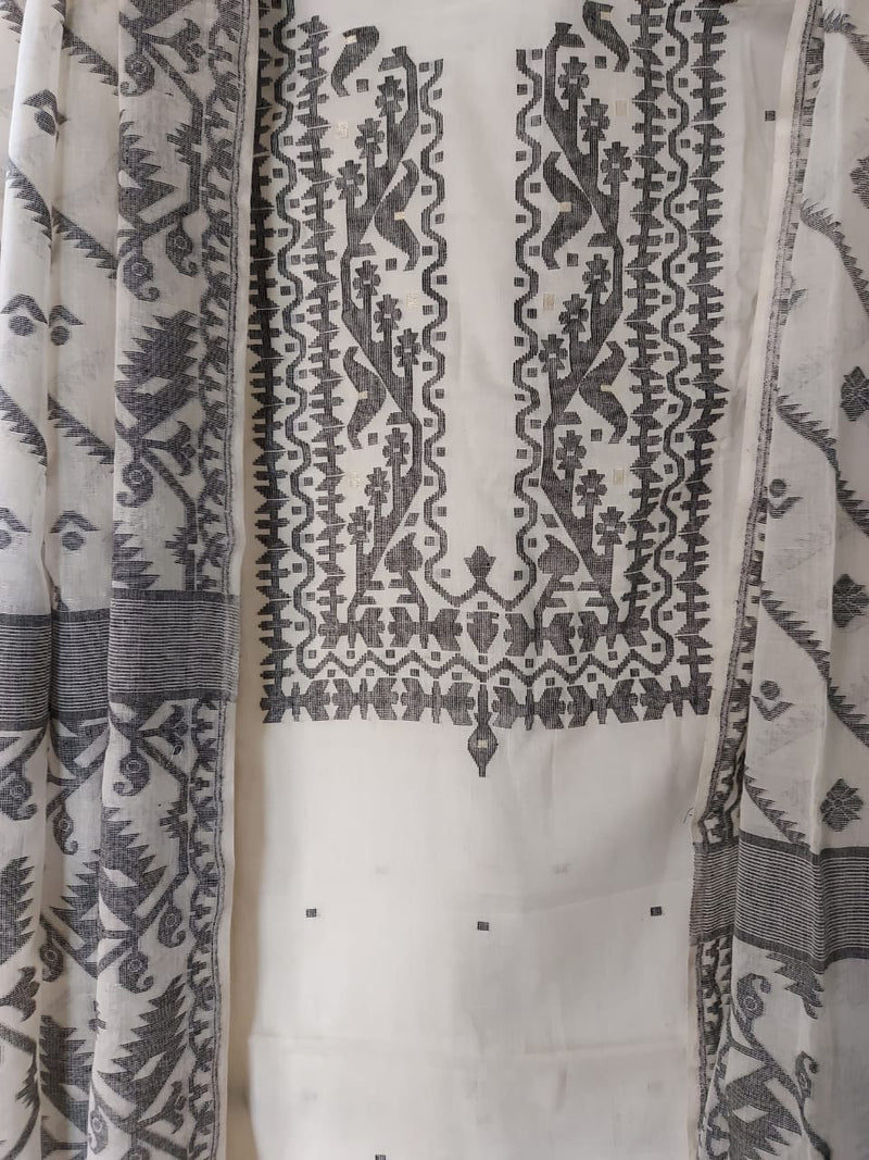 Pure Cotton Dhakai 2 Piece Set White & Black Unstitched Suit by Balaram Saha