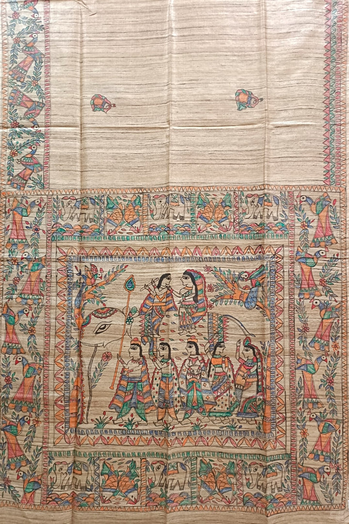 Multicolour Handloom  Ghicha Tussar Silk  Saree With Madhubani Print Balaram Saha