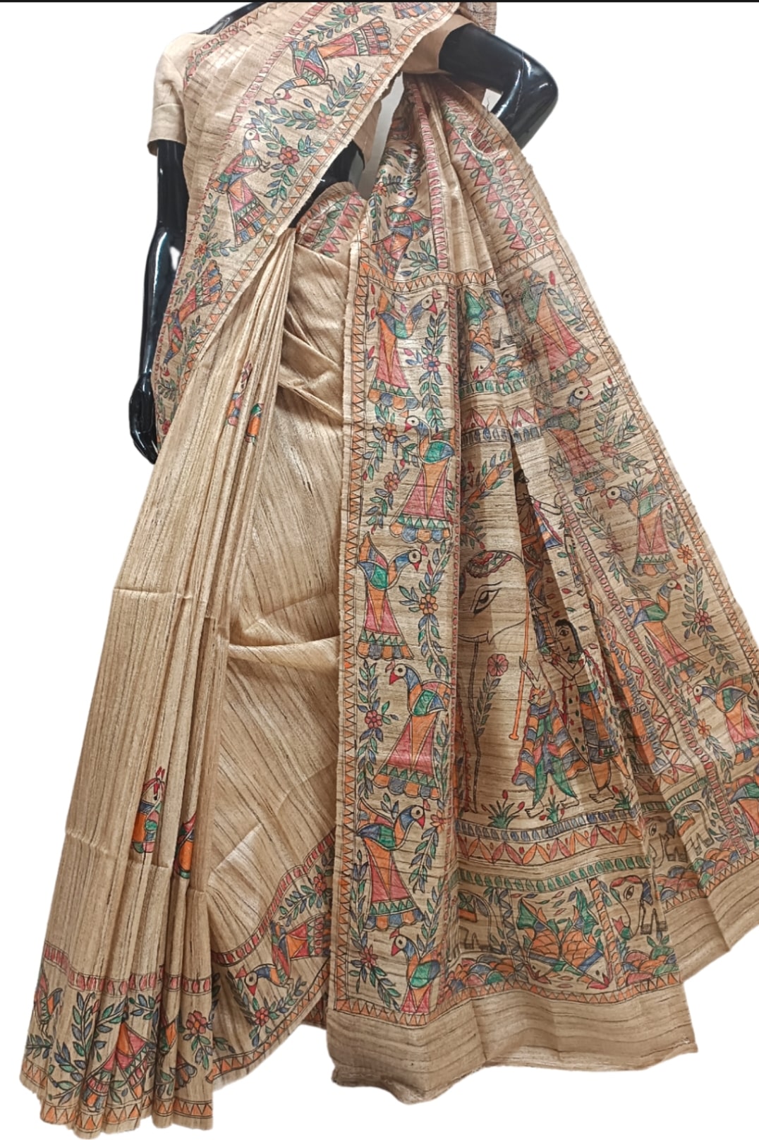 Multicolour Handloom  Ghicha Tussar Silk  Saree With Madhubani Print Balaram Saha