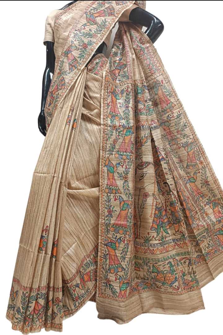 Multicolour Handloom  Ghicha Tussar Silk  Saree With Madhubani Print Balaram Saha