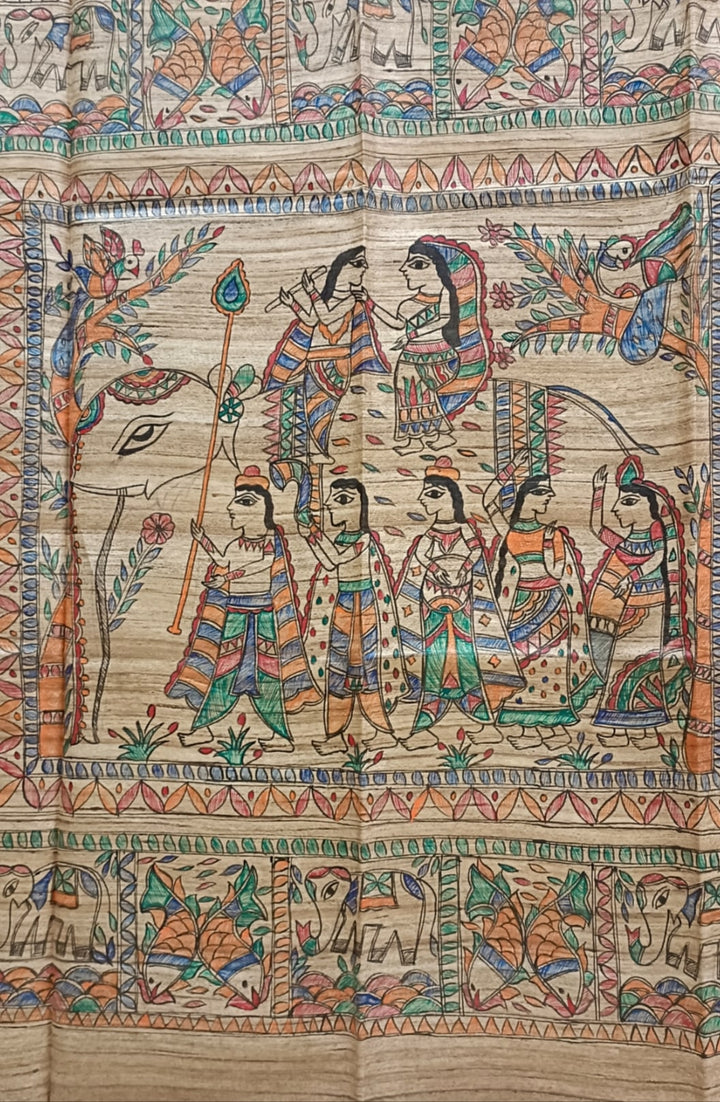 Multicolour Handloom  Ghicha Tussar Silk  Saree With Madhubani Print Balaram Saha