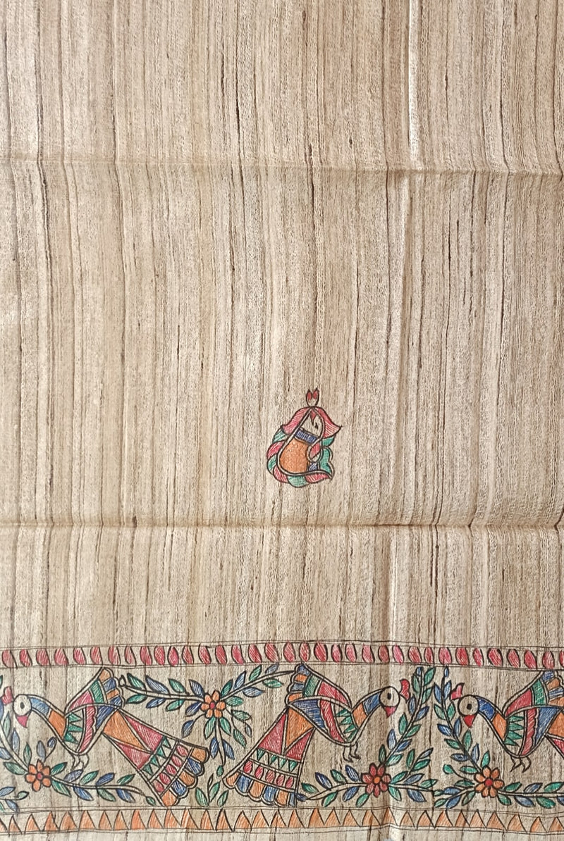 Multicolour Handloom  Ghicha Tussar Silk  Saree With Madhubani Print Balaram Saha