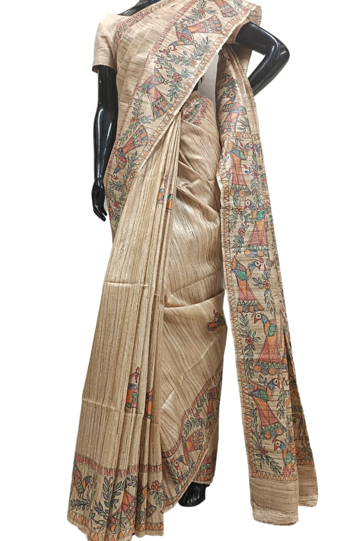 Multicolour Handloom  Ghicha Tussar Silk  Saree With Madhubani Print Balaram Saha