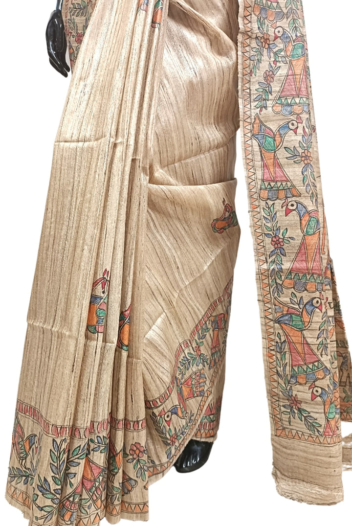Multicolour Handloom  Ghicha Tussar Silk  Saree With Madhubani Print Balaram Saha