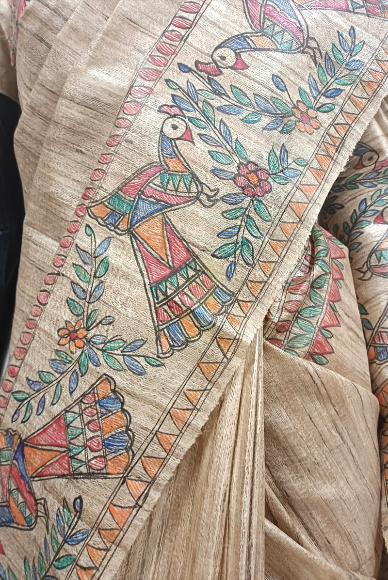 Multicolour Handloom  Ghicha Tussar Silk  Saree With Madhubani Print Balaram Saha