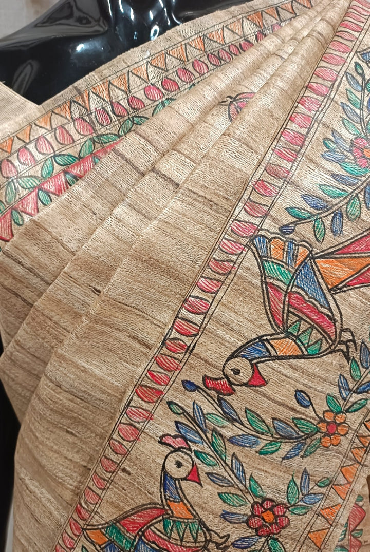 Multicolour Handloom  Ghicha Tussar Silk  Saree With Madhubani Print Balaram Saha