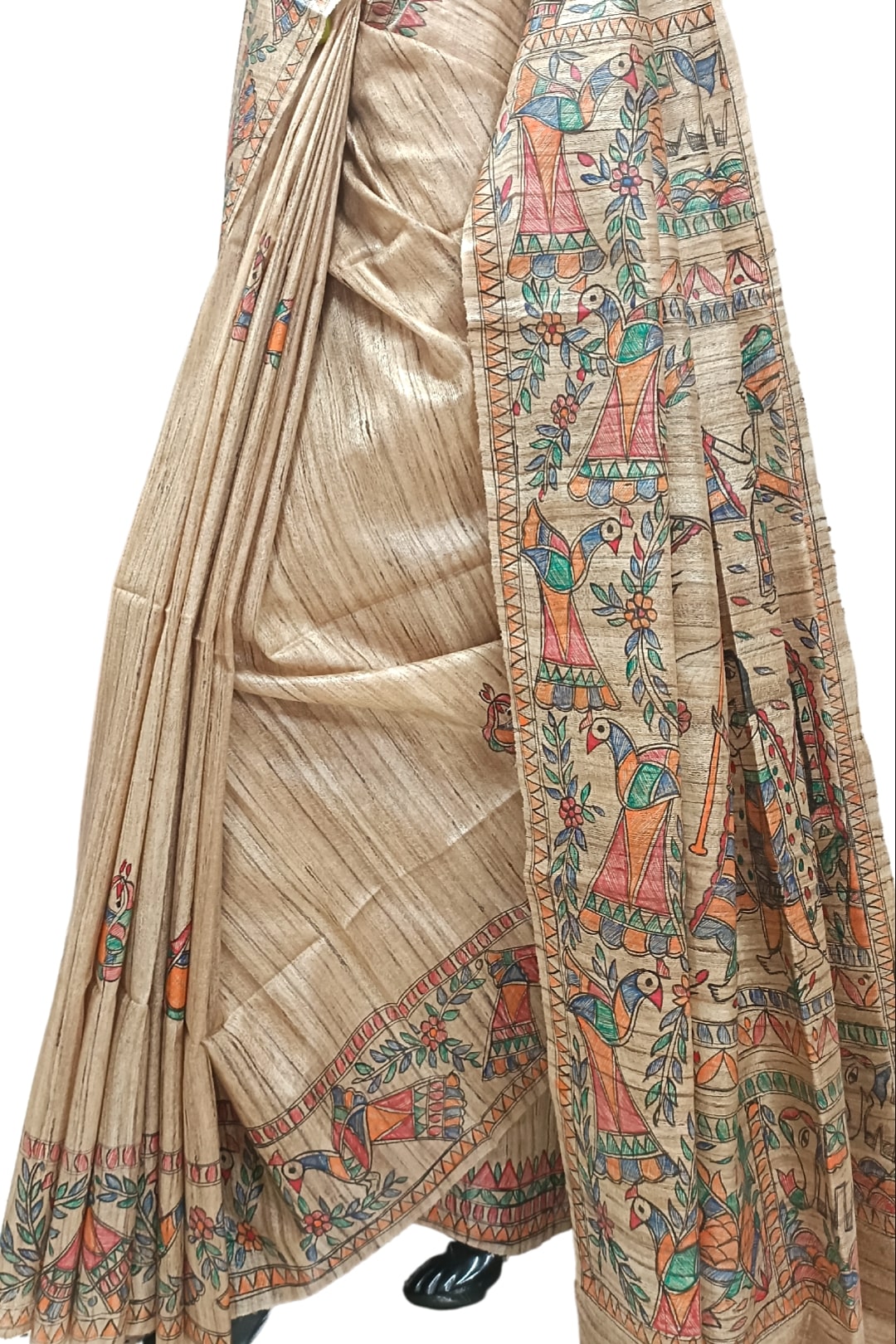 Multicolour Handloom  Ghicha Tussar Silk  Saree With Madhubani Print Balaram Saha