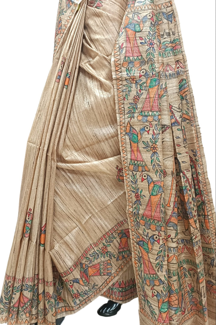 Multicolour Handloom  Ghicha Tussar Silk  Saree With Madhubani Print Balaram Saha
