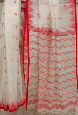 Off-White & Red Handloom Muslin Silk Jamdani Saree Balaram Saha