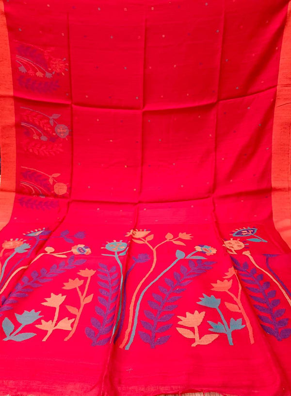 Red & Orange Handloom Matka Silk Jamdani Saree Balaram Saha
