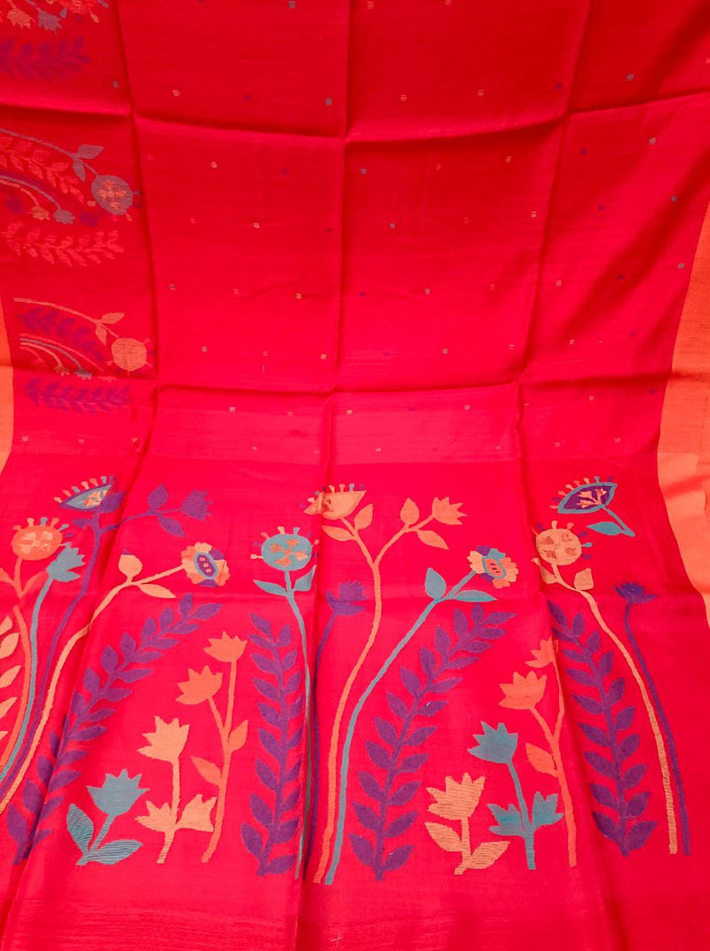 Red & Orange Handloom Matka Silk Jamdani Saree Balaram Saha