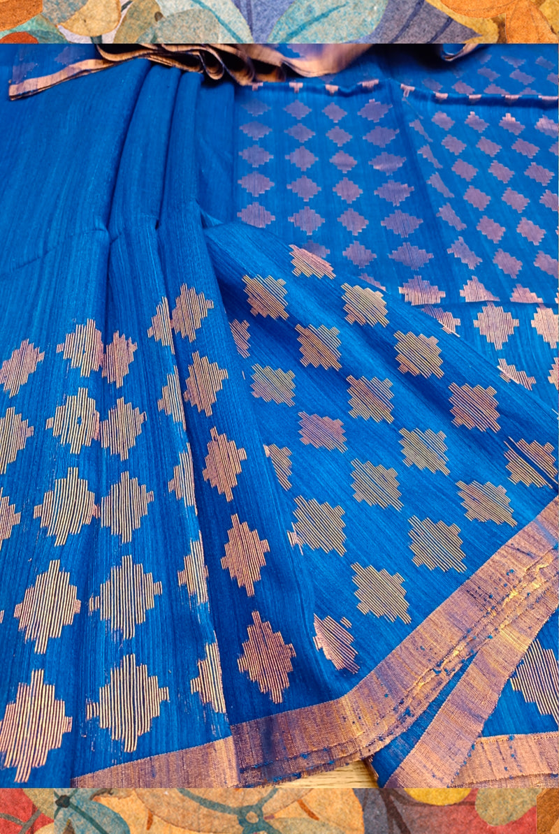 Royal Blue & Gold Handloom Matka Silk Jamdani Saree Balaram Saha