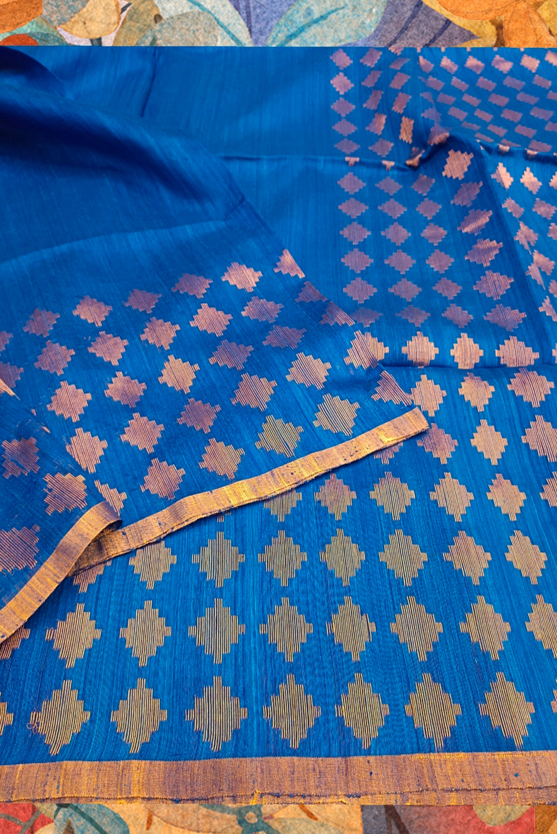 Royal Blue & Gold Handloom Matka Silk Jamdani Saree Balaram Saha