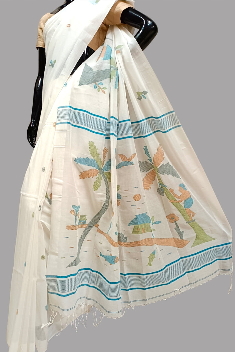 White Soft Handloom Cotton jamdani saree Balaram Saha