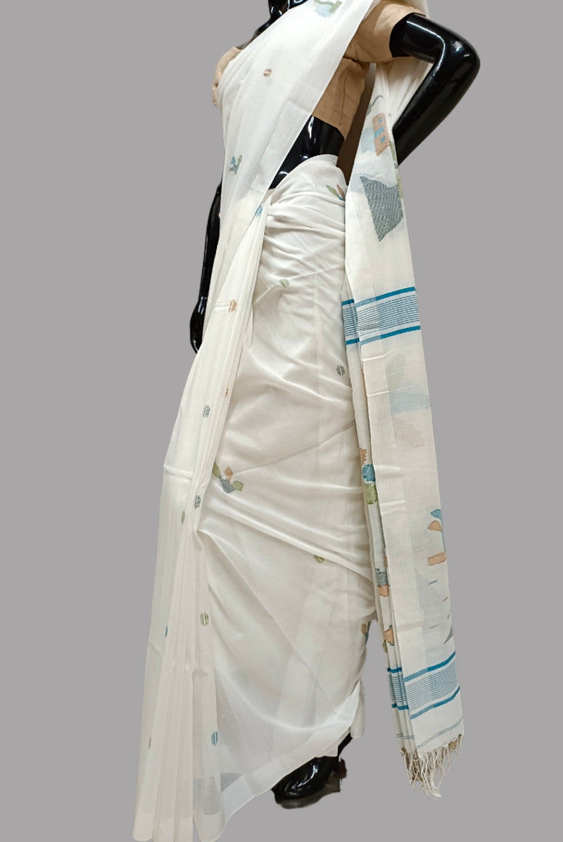 White Soft Handloom Cotton jamdani saree Balaram Saha