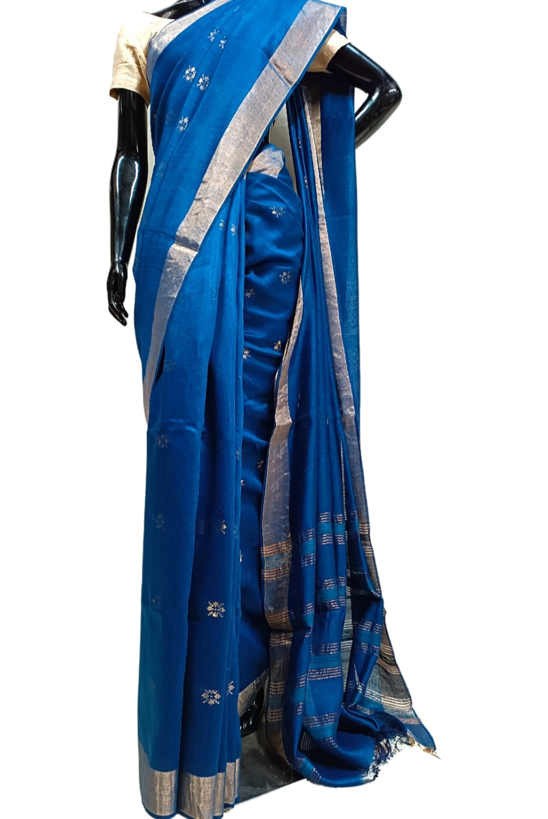 Blue Soft Handloom Tussar Silk Saree With Woven Zari Border Balaram Saha