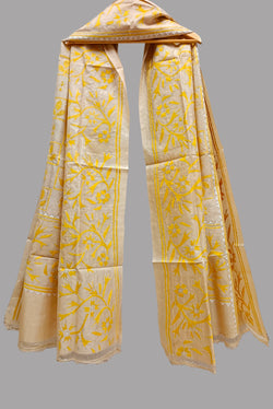 Beige & Yellow Tussar Silk; Kantha stitch Duppata Balaram Saha