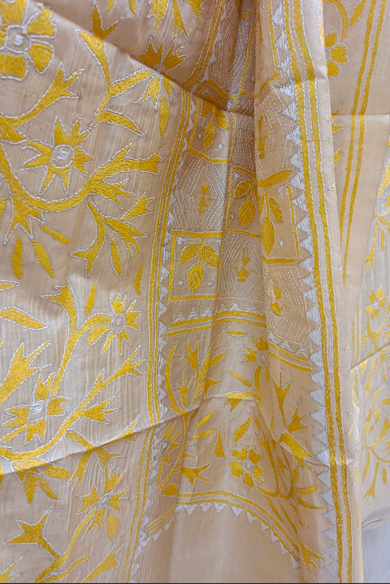 Beige & Yellow Tussar Silk; Kantha stitch Duppata Balaram Saha