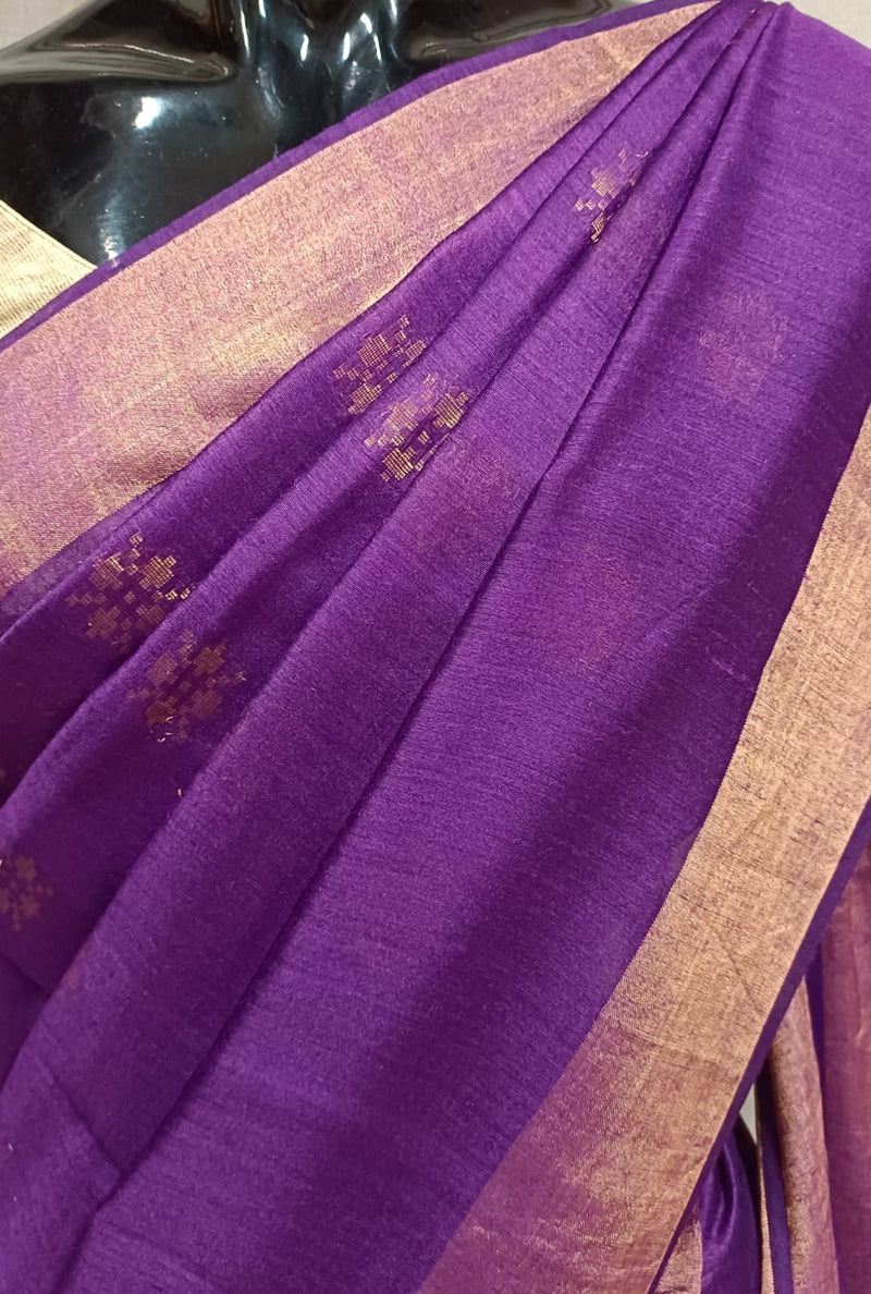 Violet Soft Handloom Tussar Silk Saree With Woven Zari Border Balaram Saha