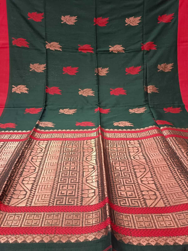 Bottle Green & Red handloom cotton saree Balaram Saha