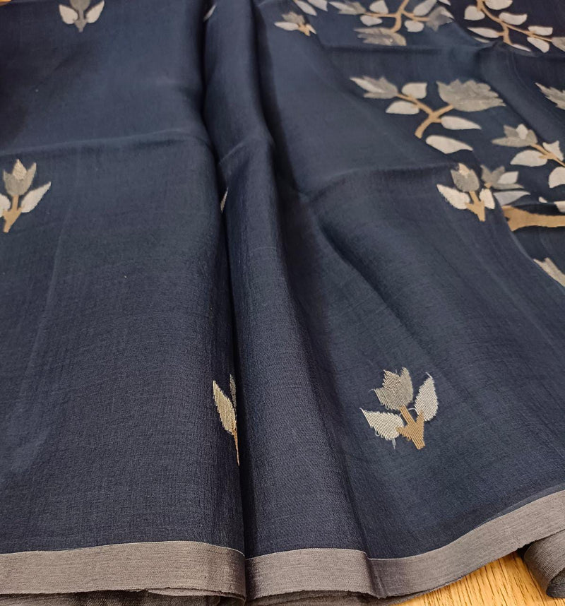 Hall'lndloom Muslin Silk Handwoven Jamdani Saree (Indigo-Blue) Balaram Saha