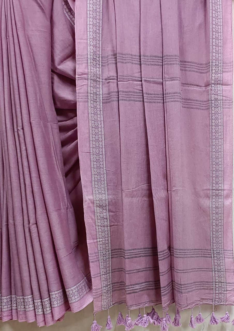 Lilac Pink, Soft Handloom Cotton Plain Saree Balaram Saha