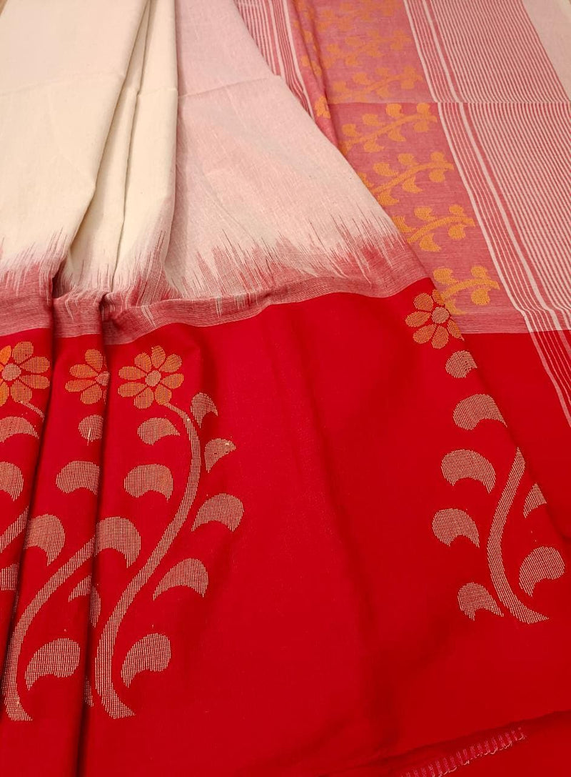 Off-White Soft Handloom Cotton Saree With Red Border Balaram Saha