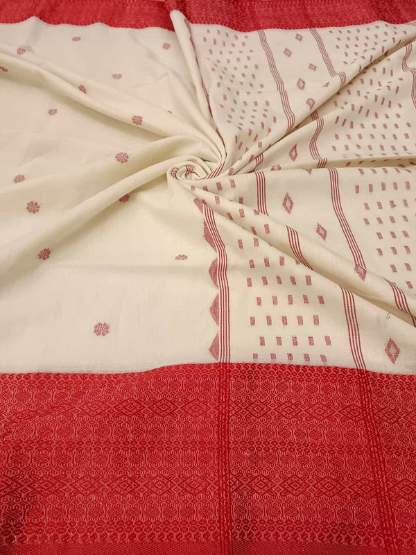 Off-White & Red Traditional Soft Handloom Cotton Saree Balaram Saha