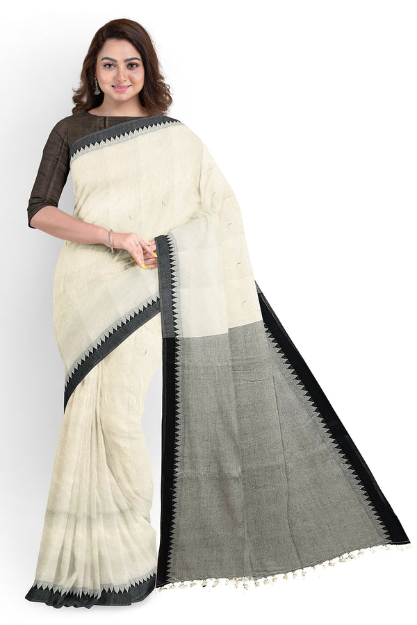 Off White & Black Soft Handloom Cotton Saree Balaram Saha